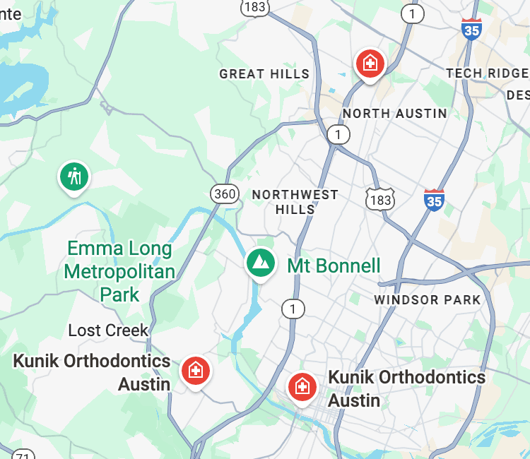 Map showing Kunik Orthodontics three locations in Austin