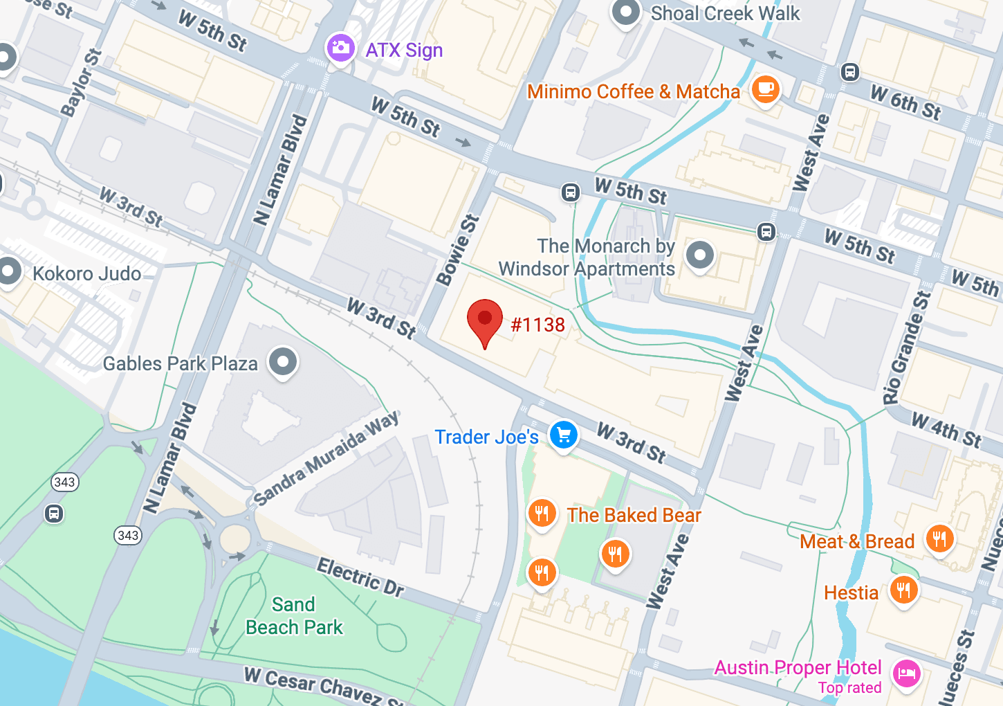 Map showing Downtown Austin location